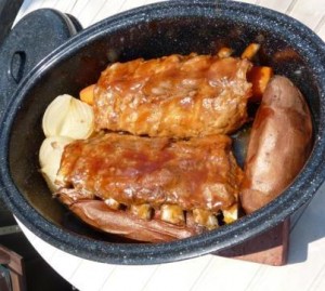 Baby Back Ribs, Sweet Potatoes and Onions Cooked in the Sun Oven.